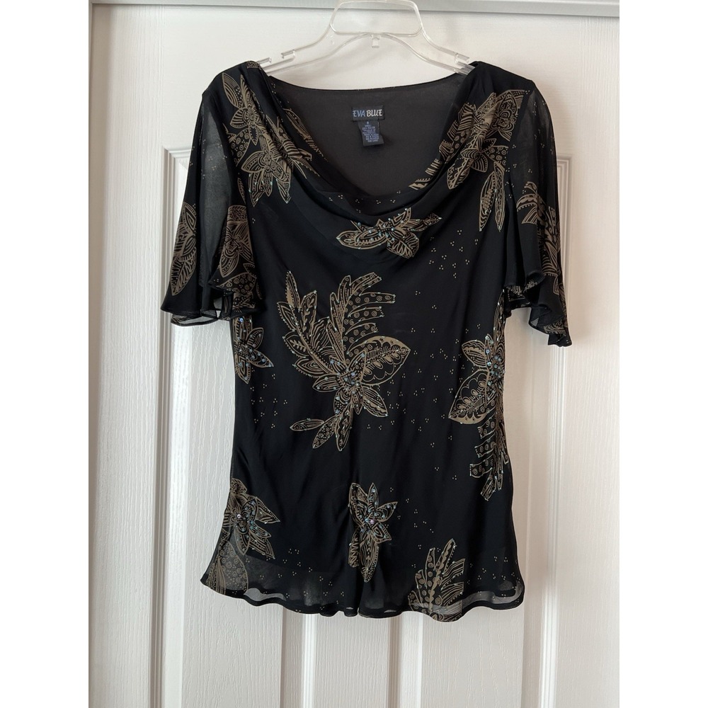 Vintage Eva‎ Blue Plus Y2K Black Floral Flutter Sleeve Shirt Top Whimsigoth